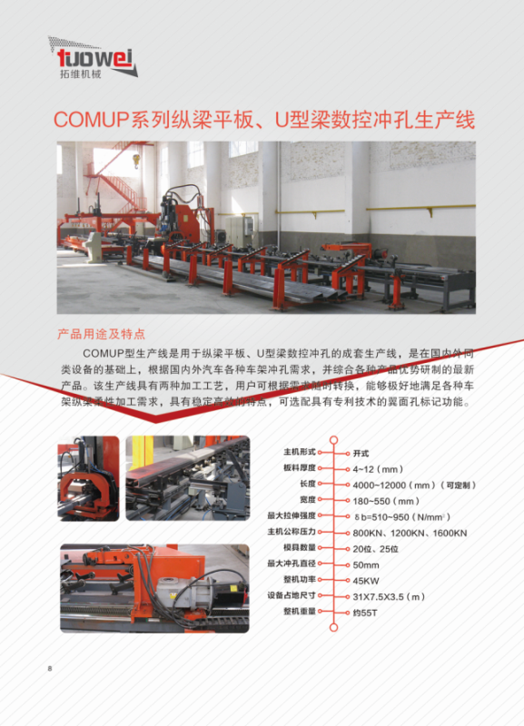 山東拓維機械制造有限公司，汽車大梁沖，汽車小梁沖，鋼模板沖孔，鋼模板加工設備，汽車橫梁沖，數控平板沖孔機，中厚板數控沖床，數控沖鉆復合機，汽車縱梁沖，縱梁自動化生產線，中厚板沖割復合機，平地機刀片沖鉆生產線